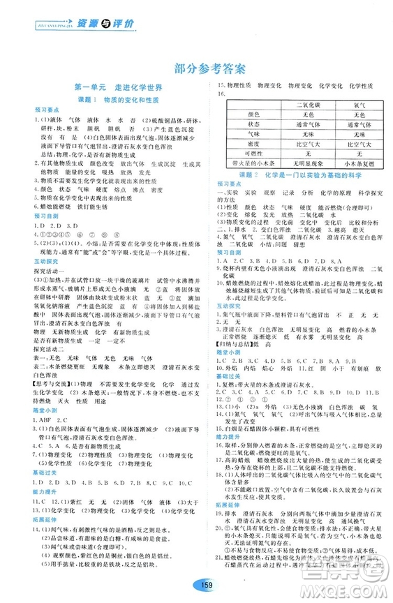 黑龍江教育出版社2018年資源與評價化學(xué)九年級上冊人教版參考答案