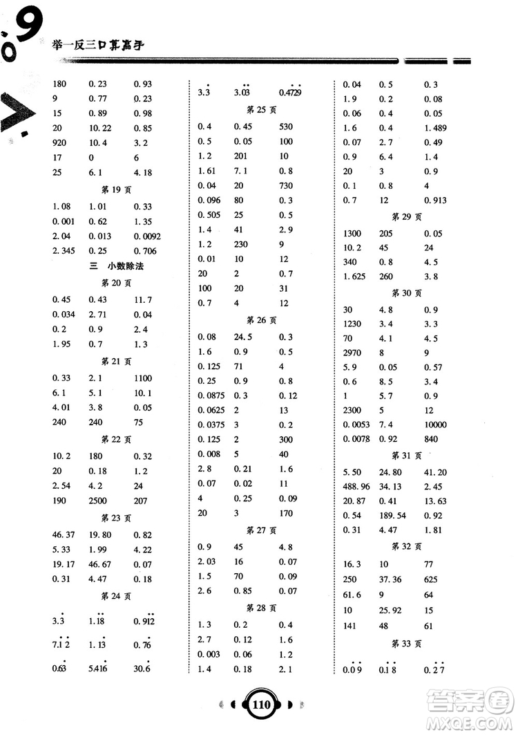 2018秋新版舉一反三口算高手數(shù)學(xué)五年級上冊RJ人教版參考答案