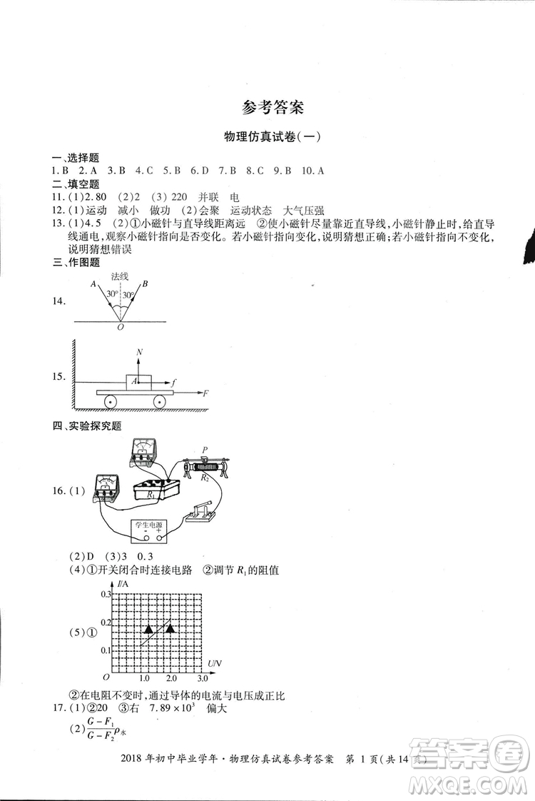 2018年資源與評價中考全程總復(fù)習(xí)物理D版參考答案