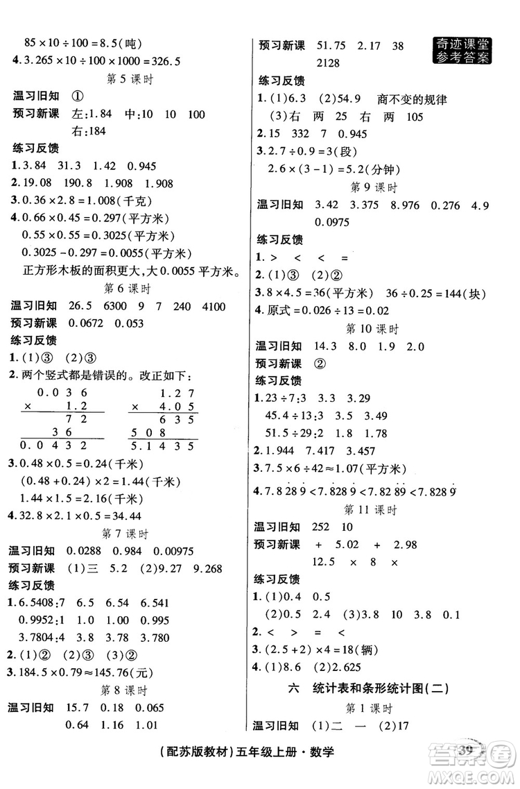 2018年秋奇跡課堂數(shù)學(xué)五年級上冊蘇教版數(shù)法題解參考答案