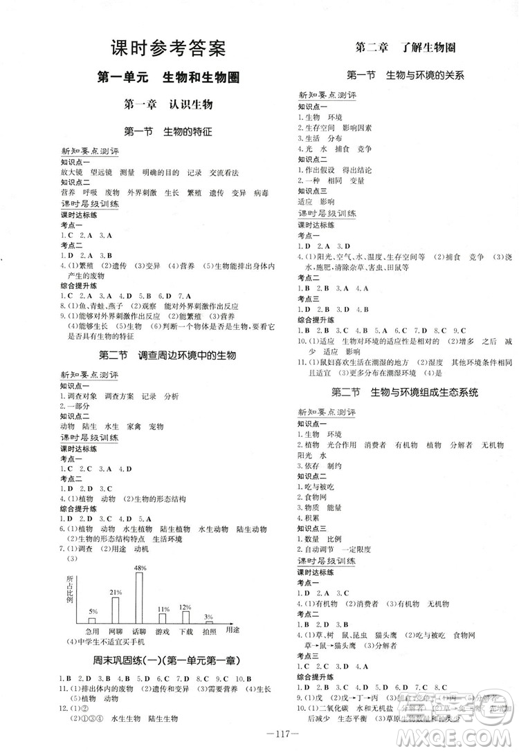 2019版導(dǎo)與練練案課時(shí)作業(yè)本生物七年級(jí)上冊(cè)人教版答案