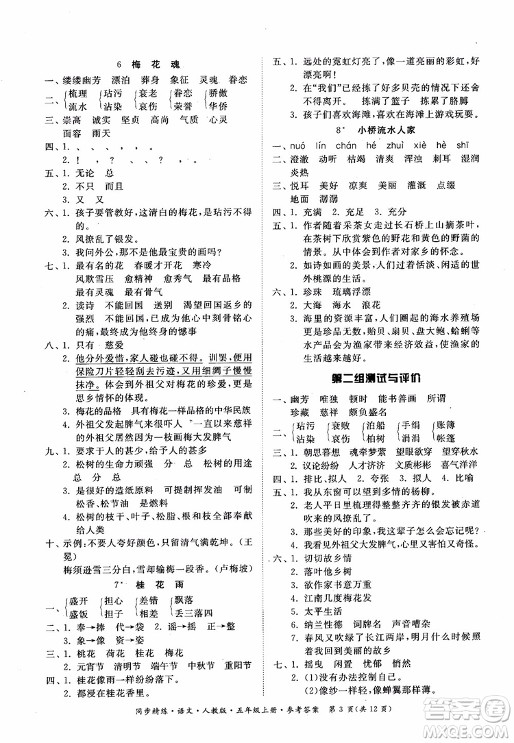 2018同步精練語文五年級上冊人教版參考答案