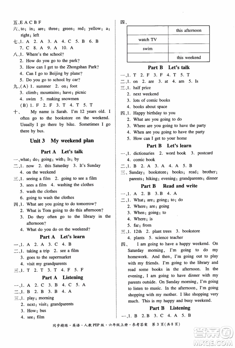 2018秋同步精練小學(xué)英語(yǔ)六年級(jí)上冊(cè)人教版PEP版參考答案