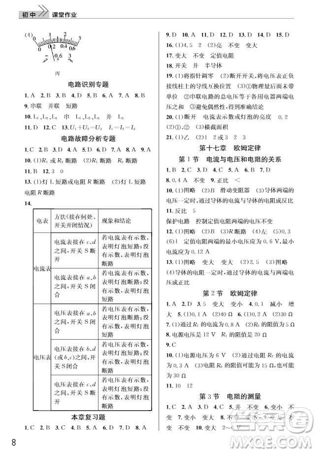 武漢出版社2018智慧學(xué)習(xí)課堂作業(yè)人教版9年級物理上冊答案