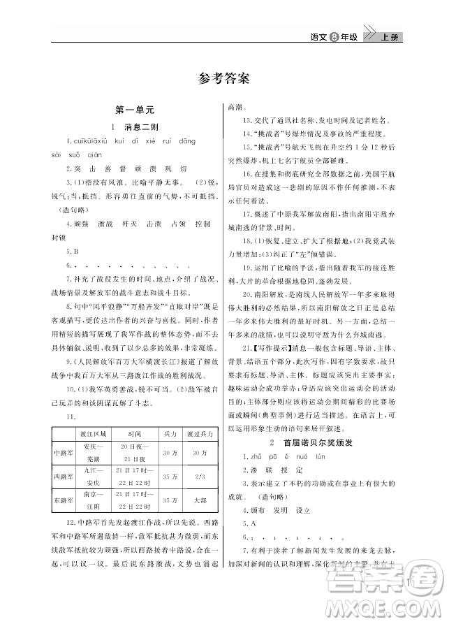 武漢出版社2018智慧學(xué)習(xí)課堂作業(yè)人教版8年級語文上冊答案