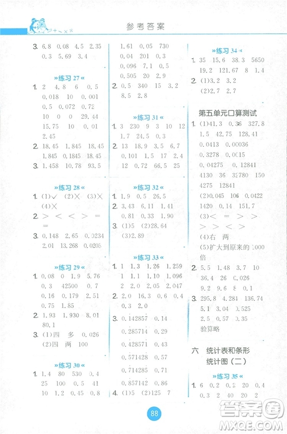 2018秋新版春雨教育口算心算速算天天練五年級上冊小學(xué)數(shù)學(xué)書同步訓(xùn)練蘇教版答案