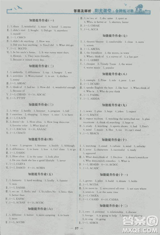 2018年陽光課堂金牌練習(xí)冊英語八年級上冊人教版答案