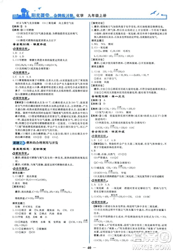 2018秋陽光課堂金牌練習(xí)冊化學(xué)九年級上冊人教版答案