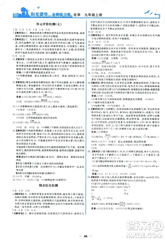 2018秋陽光課堂金牌練習(xí)冊化學(xué)九年級上冊人教版答案