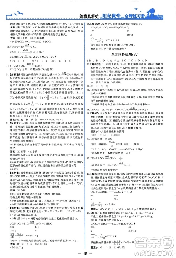 2018秋陽光課堂金牌練習(xí)冊化學(xué)九年級上冊人教版答案