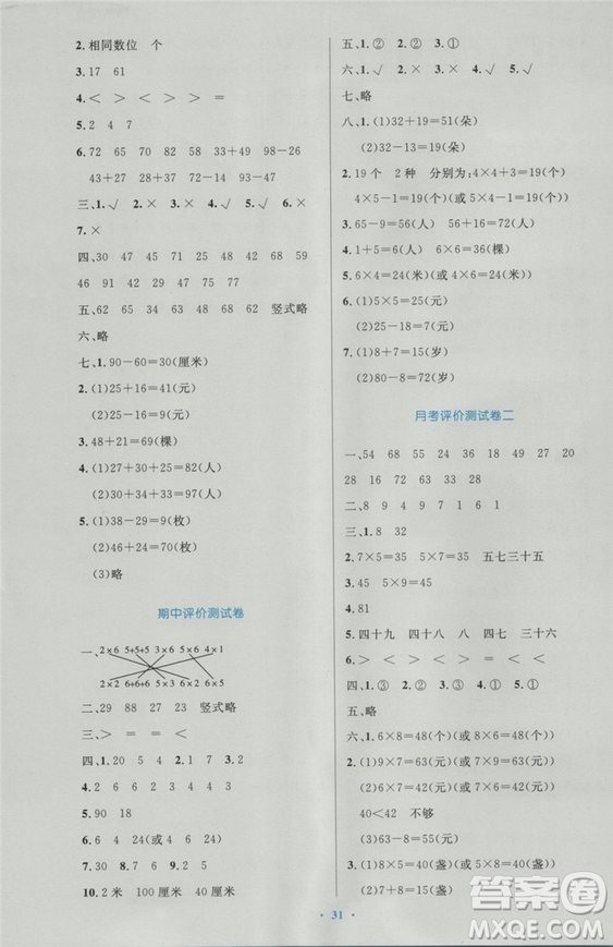 2018年最新版小學同步測控優(yōu)化設(shè)計二年級數(shù)學上冊人教版答案