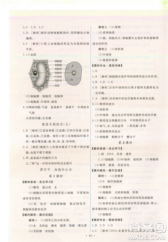 2018新版天舟文化能力培養(yǎng)與測試七年級上冊生物人教版答案