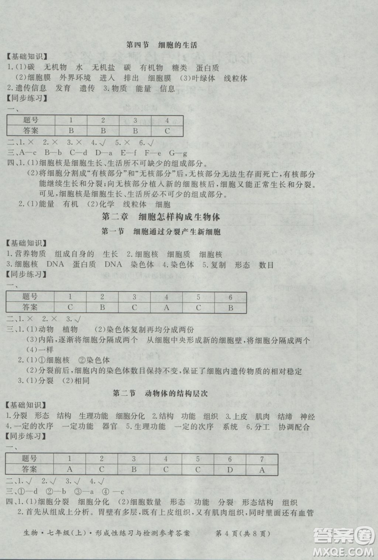 2018年形成性練習(xí)與檢測七年級上生物參考答案