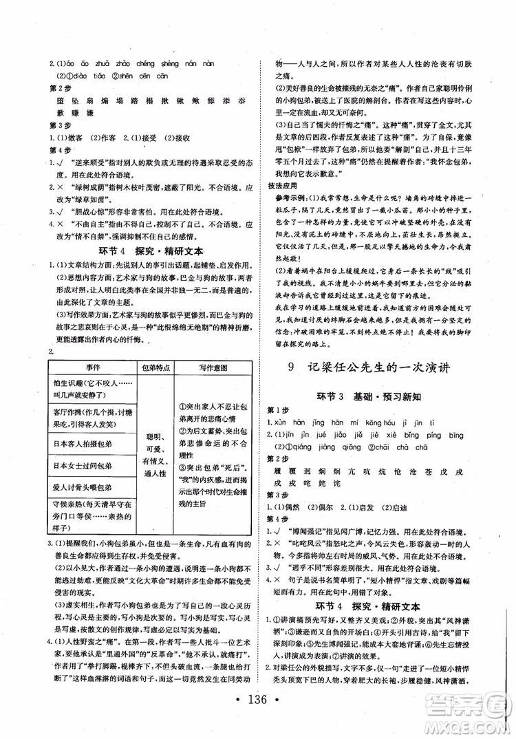 2018長江作業(yè)本同步練習冊語文必修1人教版參考答案