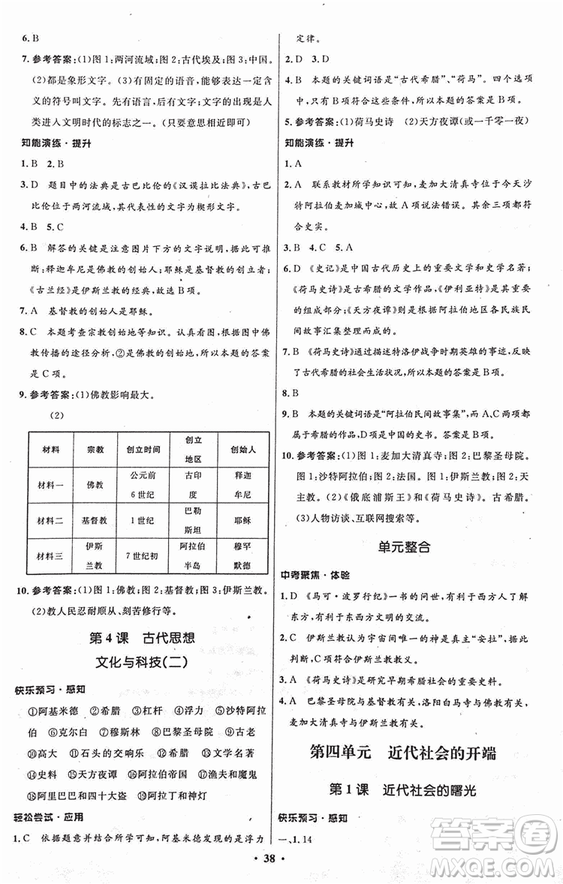 2018新版初中同步測控優(yōu)化設(shè)計九年級上冊歷史中圖版答案