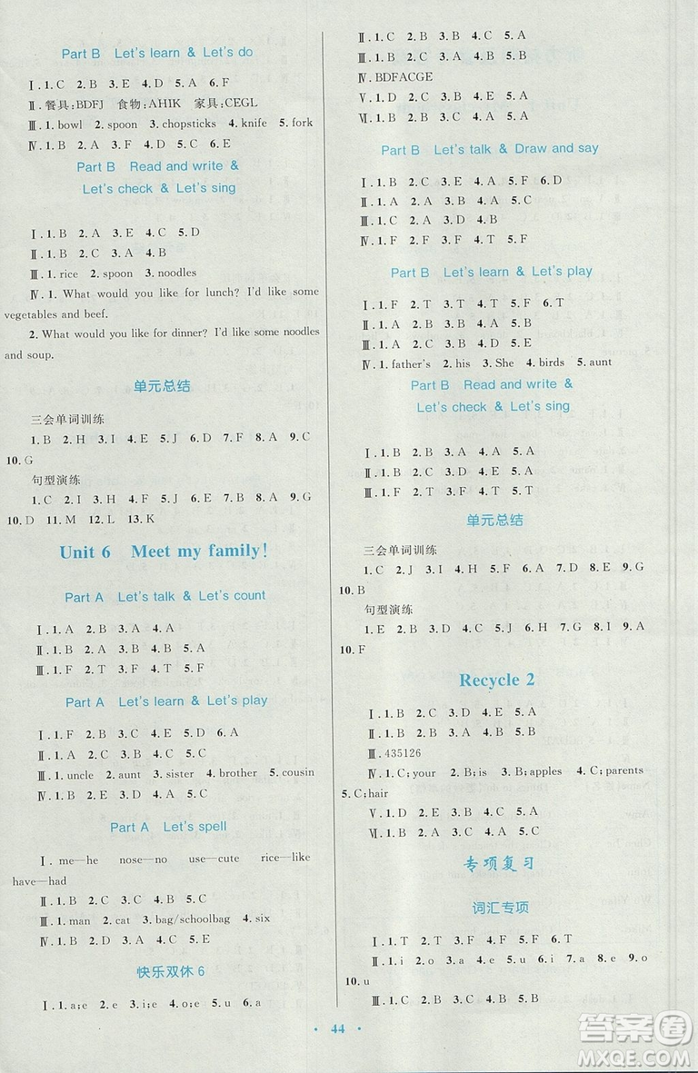 2018年新課標(biāo)學(xué)習(xí)目標(biāo)與檢測(cè)四年級(jí)英語(yǔ)上冊(cè)人教版答案