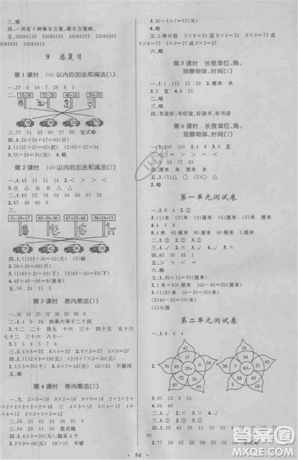 新課標(biāo)小學(xué)同步學(xué)習(xí)目標(biāo)與檢測2018年二年級數(shù)學(xué)上冊人教版答案