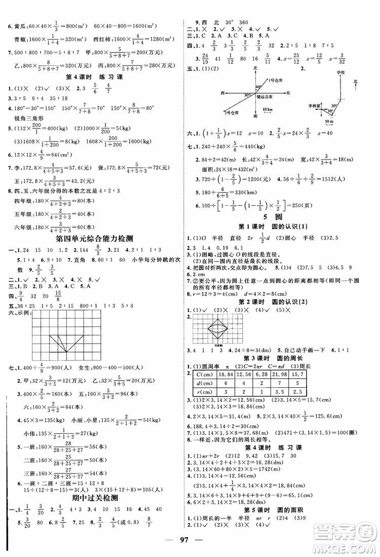 2018秋陽光同學(xué)六年級(jí)上冊(cè)數(shù)學(xué)課時(shí)優(yōu)化作業(yè)人教版RJ參考答案