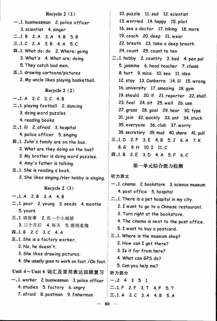 2018秋陽光同學(xué)六年級上冊英語課時優(yōu)化作業(yè)人教版RJ參考答案