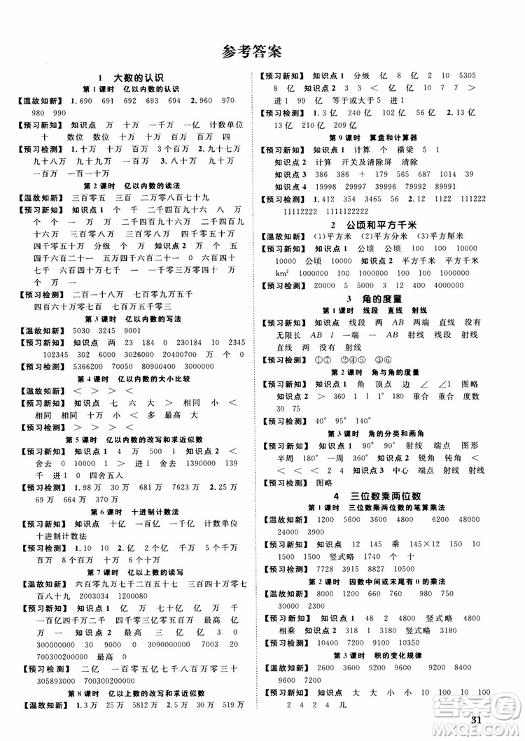 2018秋陽光同學(xué)四年級上冊數(shù)學(xué)課時(shí)優(yōu)化作業(yè)人教版RJ參考答案