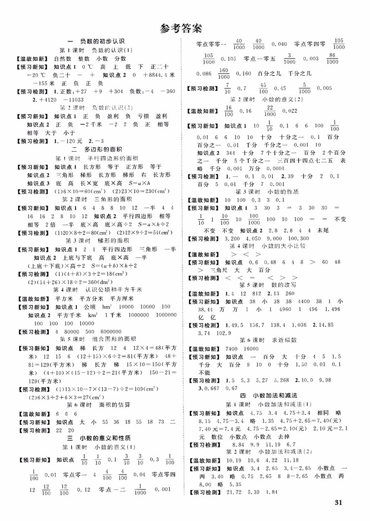 2018秋陽光同學課時優(yōu)化作業(yè)五年級上數(shù)學SJ蘇教版參考答案