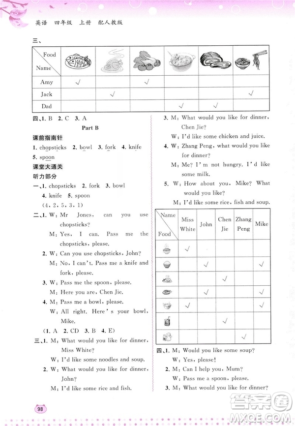 2018人教版新課程學(xué)習(xí)與測評英語四年級上冊參考答案