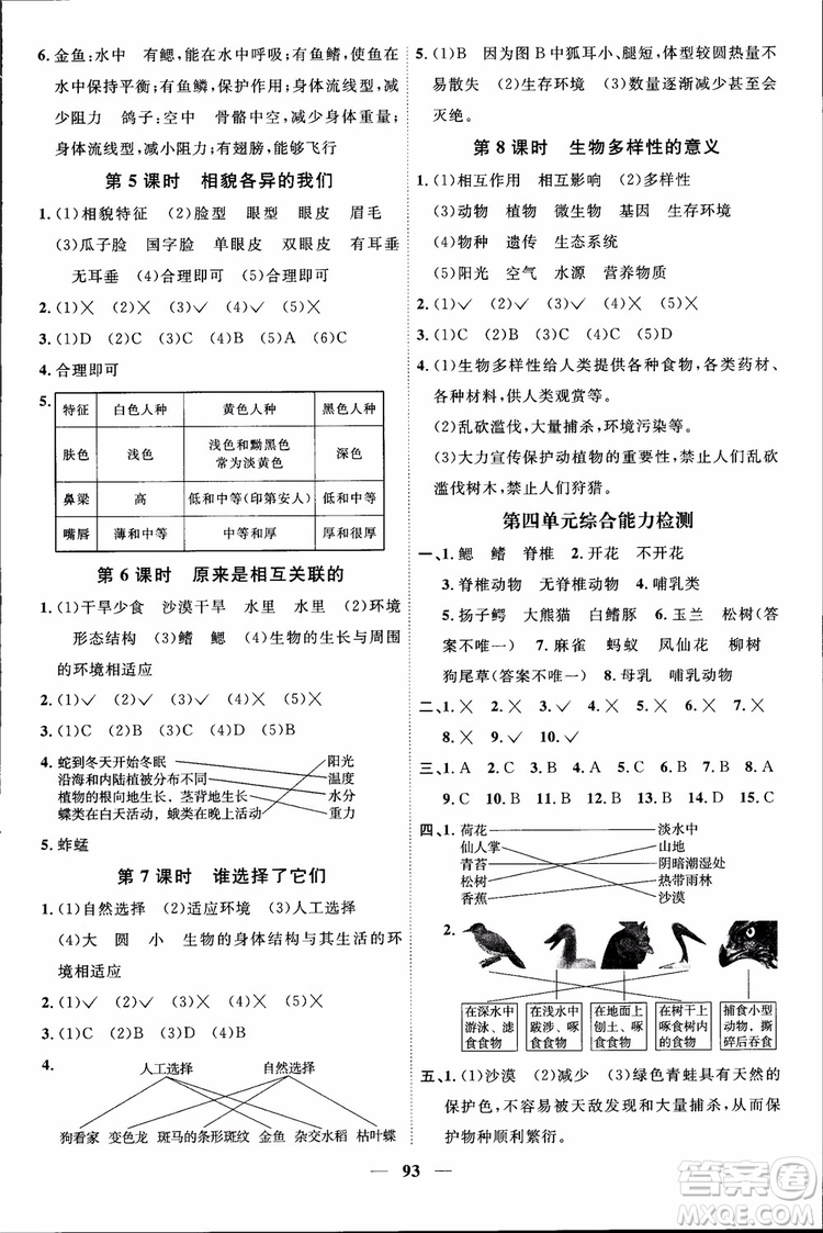 2018秋陽光同學課時優(yōu)化作業(yè)六年級上冊科學教科版JK參考答案