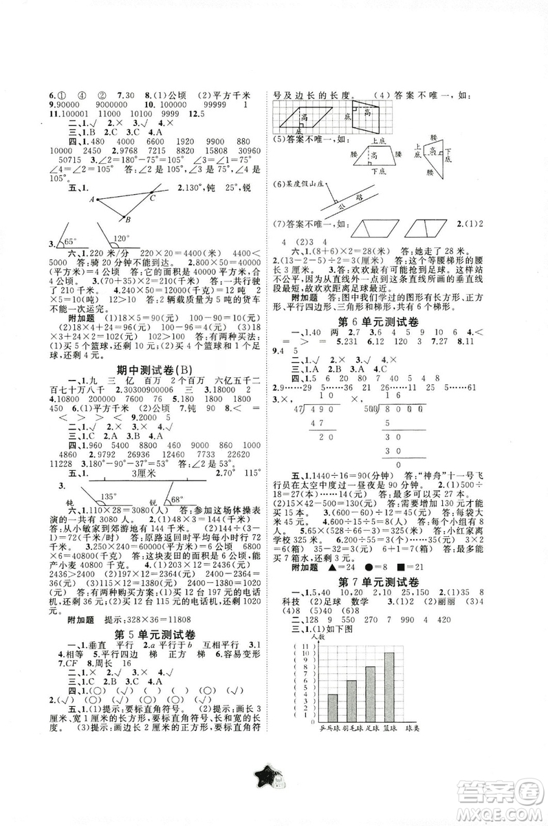 2018秋新課程學(xué)習(xí)與測評單元雙測四年級數(shù)學(xué)上冊A版人教版答案