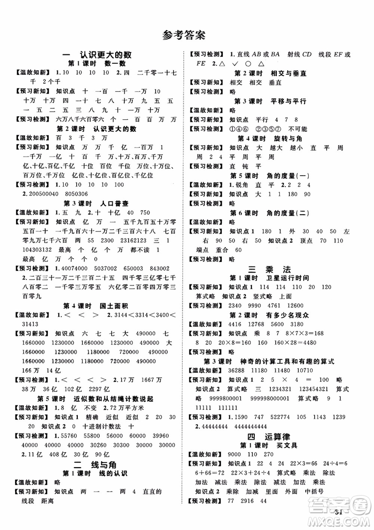 2018新版陽(yáng)光同學(xué)四年級(jí)上冊(cè)數(shù)學(xué)課時(shí)優(yōu)化作業(yè)BS北師大版參考答案