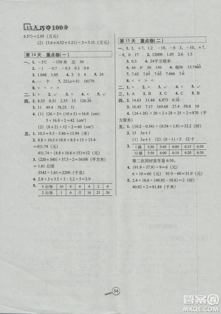 2018秋蘇教版SJ15天巧奪100分五年級(jí)上冊數(shù)學(xué)參考答案