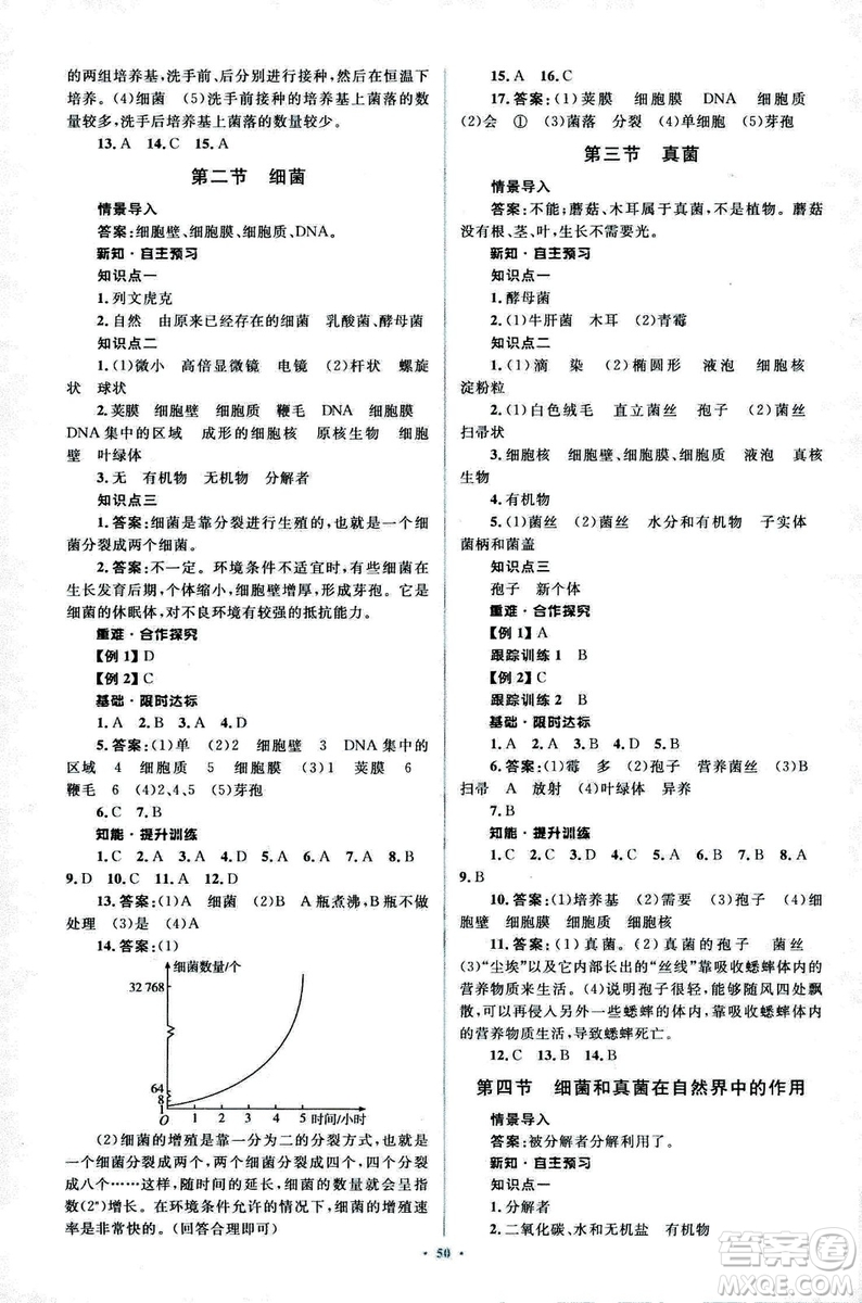 2018人教版新課標初中同步學習目標與檢測八年級生物上冊參考答案