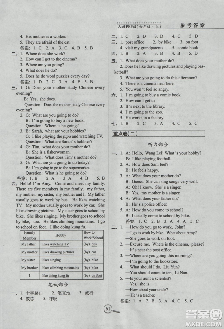 2018秋15天巧奪100分六年級英語上冊人教版PEP參考答案