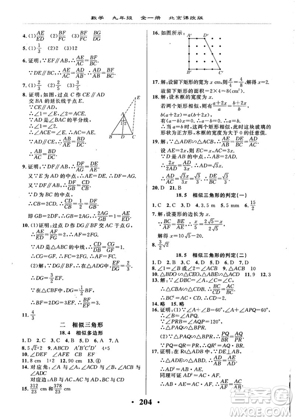 2018版新課改課堂作業(yè)九年級數(shù)學全一冊北京課改版參考答案