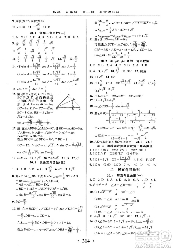 2018版新課改課堂作業(yè)九年級數(shù)學全一冊北京課改版參考答案