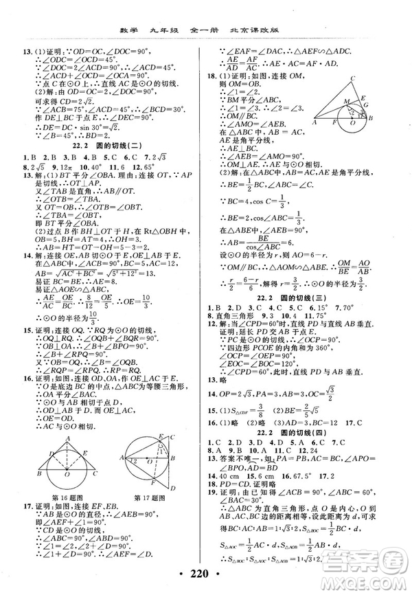 2018版新課改課堂作業(yè)九年級數(shù)學全一冊北京課改版參考答案