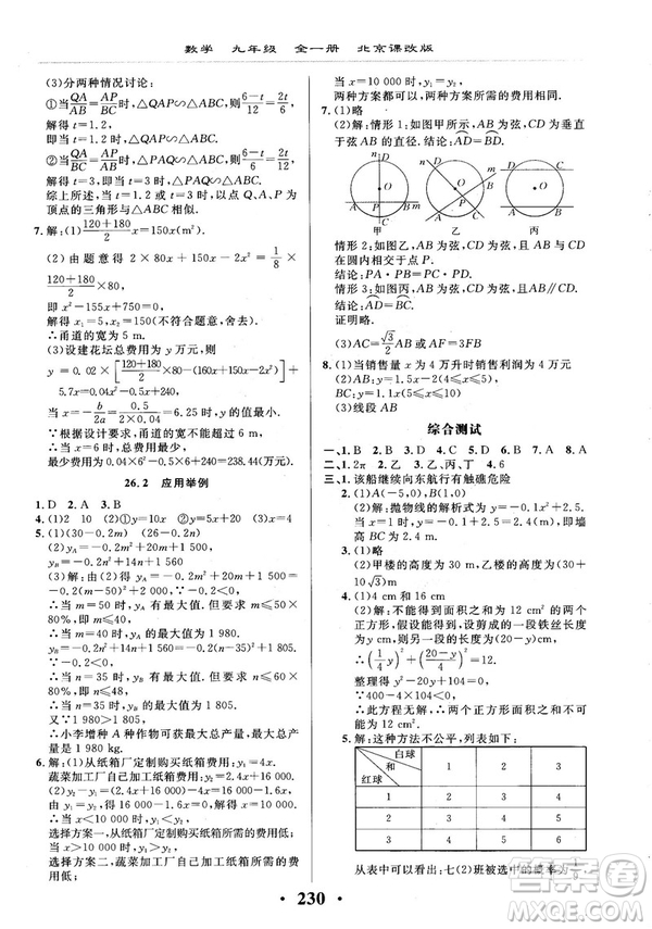 2018版新課改課堂作業(yè)九年級數(shù)學全一冊北京課改版參考答案