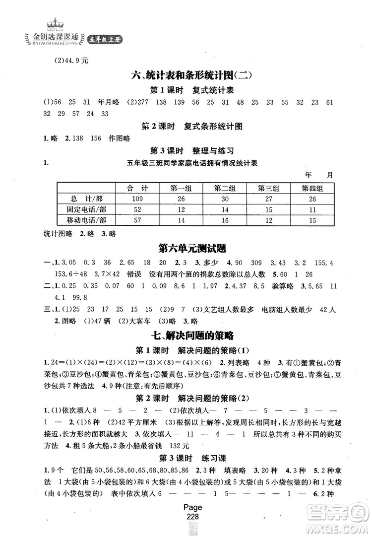 2018秋金鑰匙課課通5年級(jí)上冊(cè)數(shù)學(xué)江蘇版參考答案