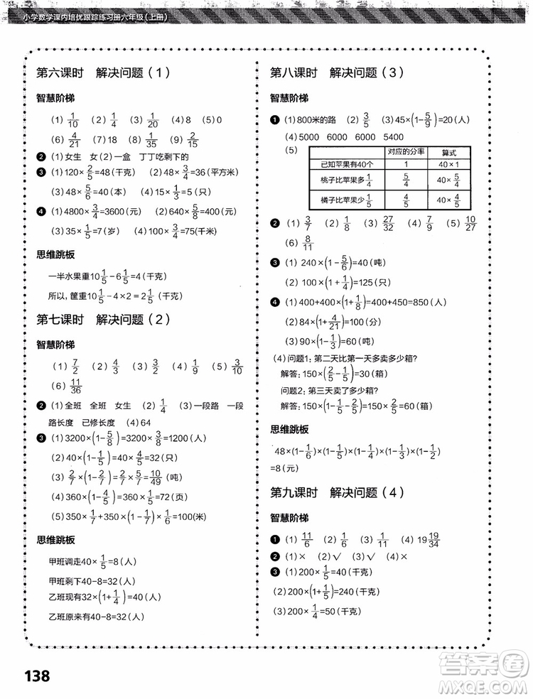 2018年小學(xué)數(shù)學(xué)課內(nèi)培優(yōu)跟蹤練習(xí)冊六年級上冊參考答案