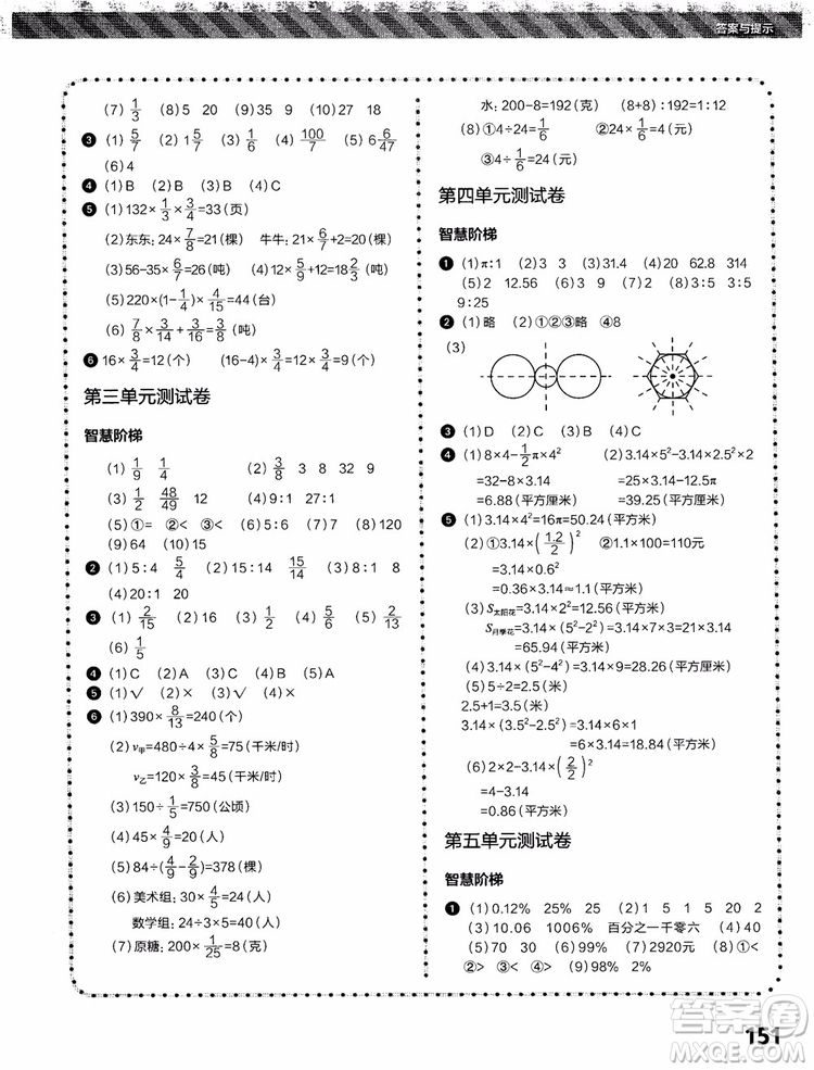 2018年小學(xué)數(shù)學(xué)課內(nèi)培優(yōu)跟蹤練習(xí)冊六年級上冊參考答案