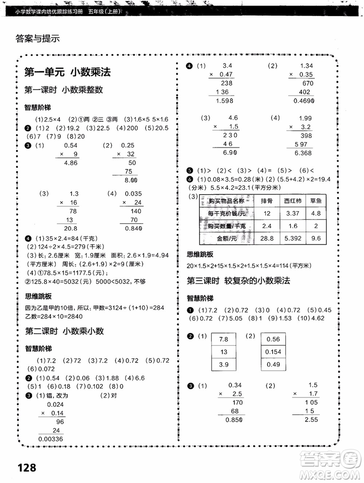 2018年學(xué)而思培優(yōu)小學(xué)數(shù)學(xué)課內(nèi)培優(yōu)跟蹤練習(xí)冊(cè)五年級(jí)上冊(cè)參考答案