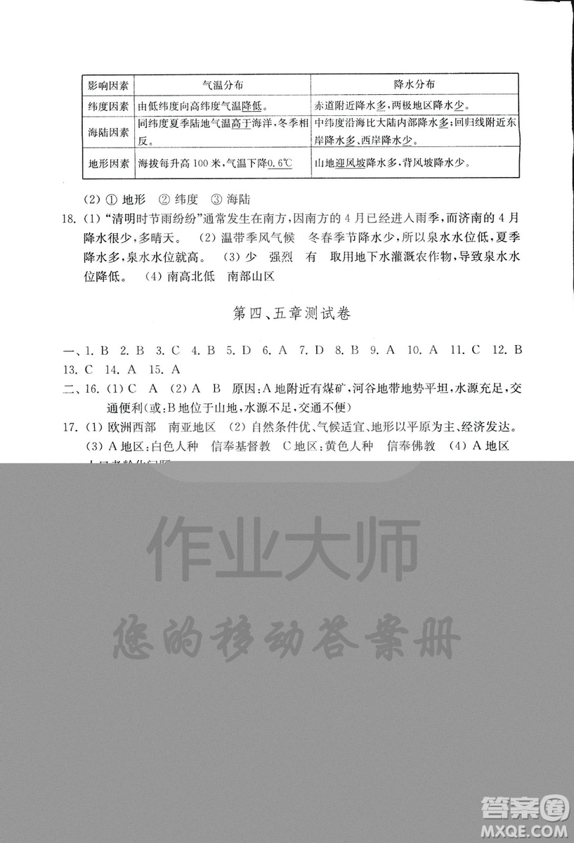 2018秋金鑰匙地理試卷五四制魯教版六年級(jí)上冊(cè)參考答案