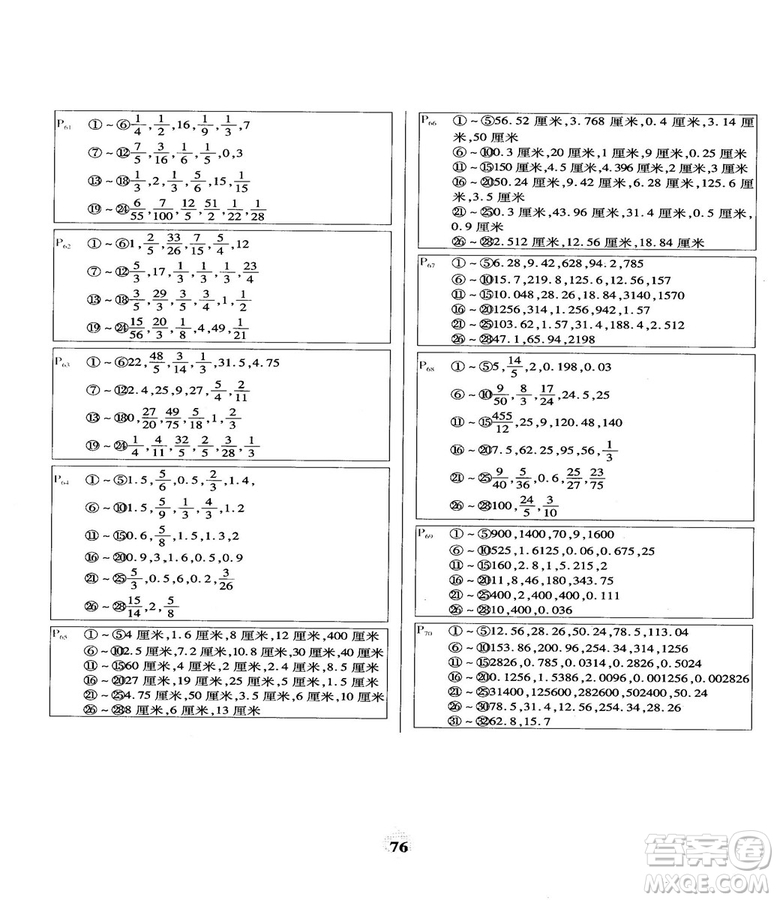 2018計(jì)算小能手口算題卡六年級上冊人教版參考答案