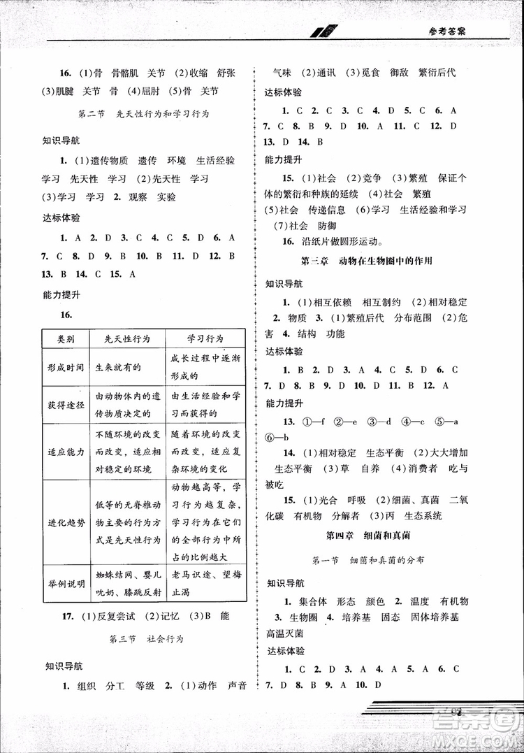 2018自主與互動新課程學習輔導初中八年級上冊生物學人教版參考答案