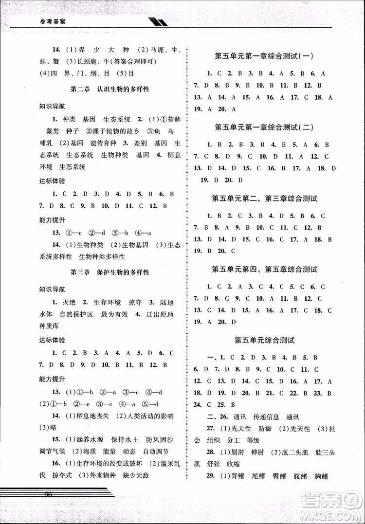 2018自主與互動新課程學習輔導初中八年級上冊生物學人教版參考答案