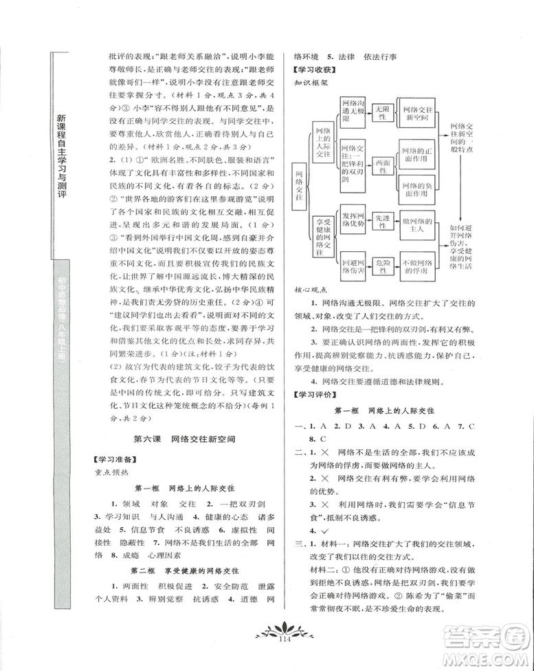 2018秋新課程自主學習與測評初中思想品德八年級上冊人教版參考答案