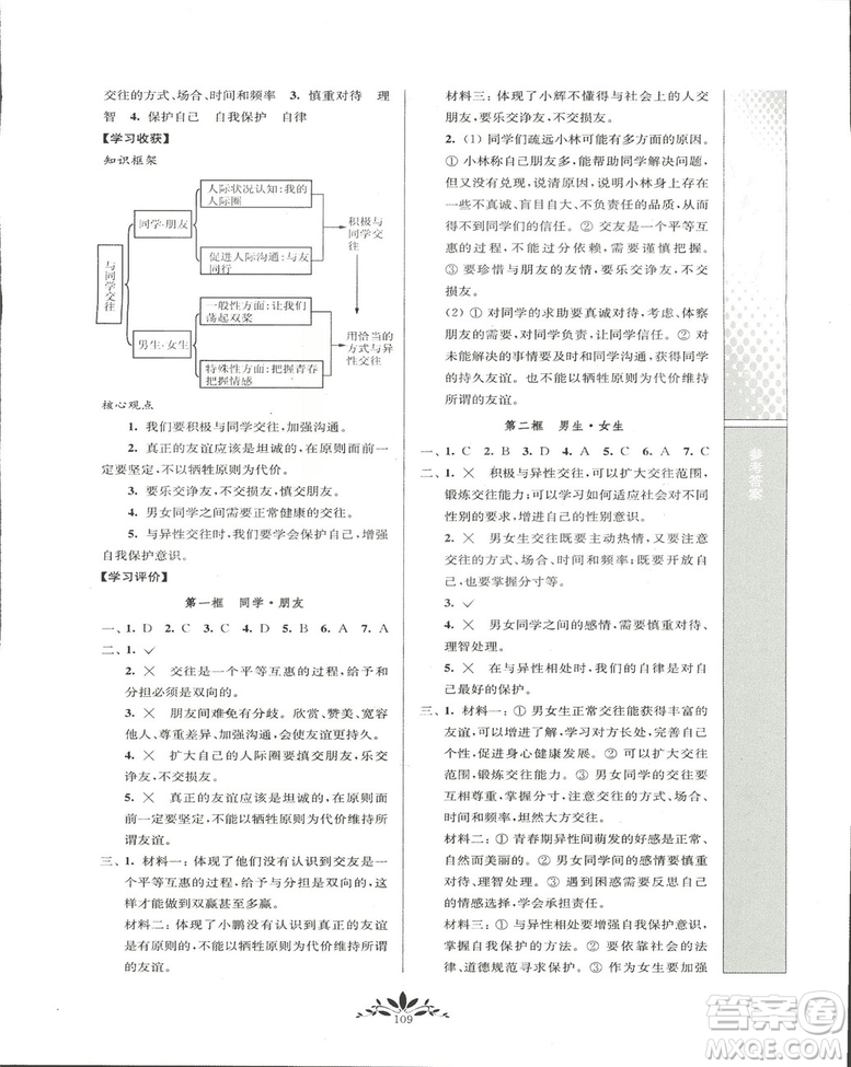 2018秋新課程自主學習與測評初中思想品德八年級上冊人教版參考答案