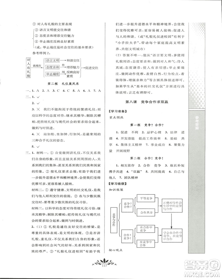 2018秋新課程自主學習與測評初中思想品德八年級上冊人教版參考答案