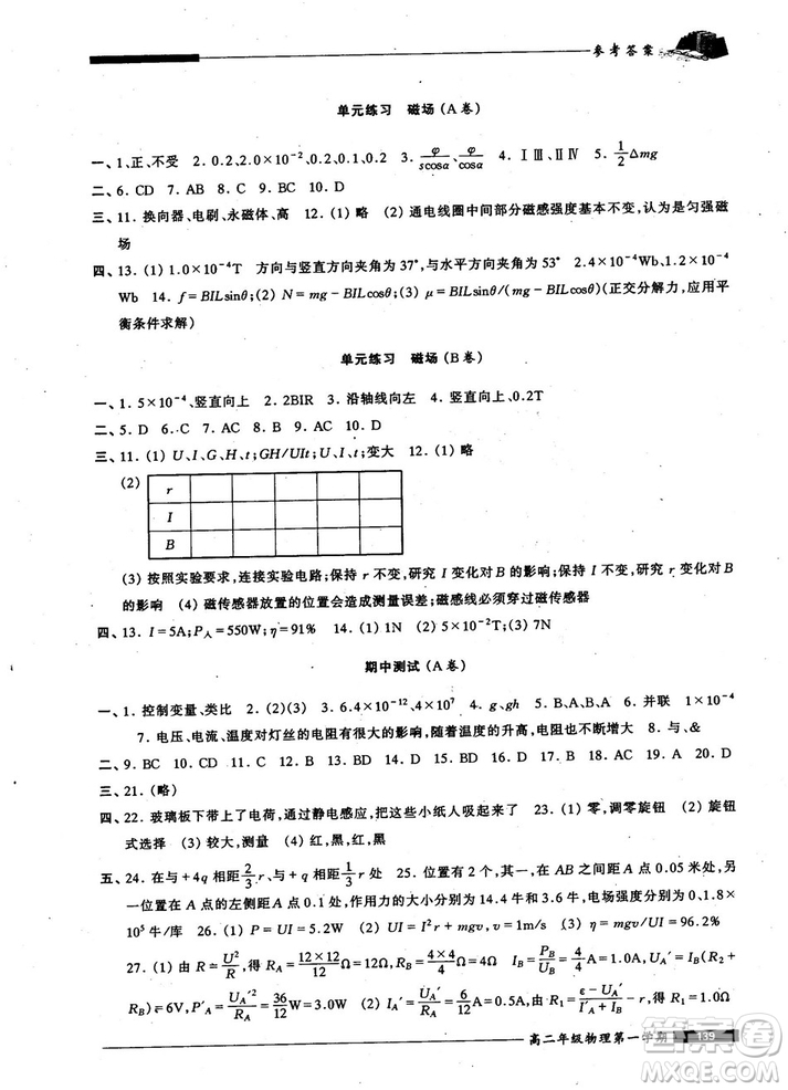 2018版我能考第一金牌一課一練物理試用本高二年級(jí)第一學(xué)期參考答案