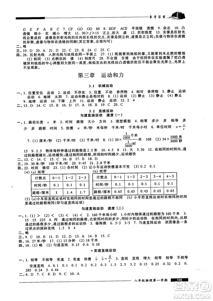 我能考第一金牌一課一練2018版物理試用本八年級第一學(xué)期參考答案