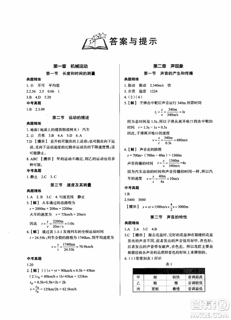 2018學而思初中物理夯實基礎初二物理跟蹤練習上冊參考答案